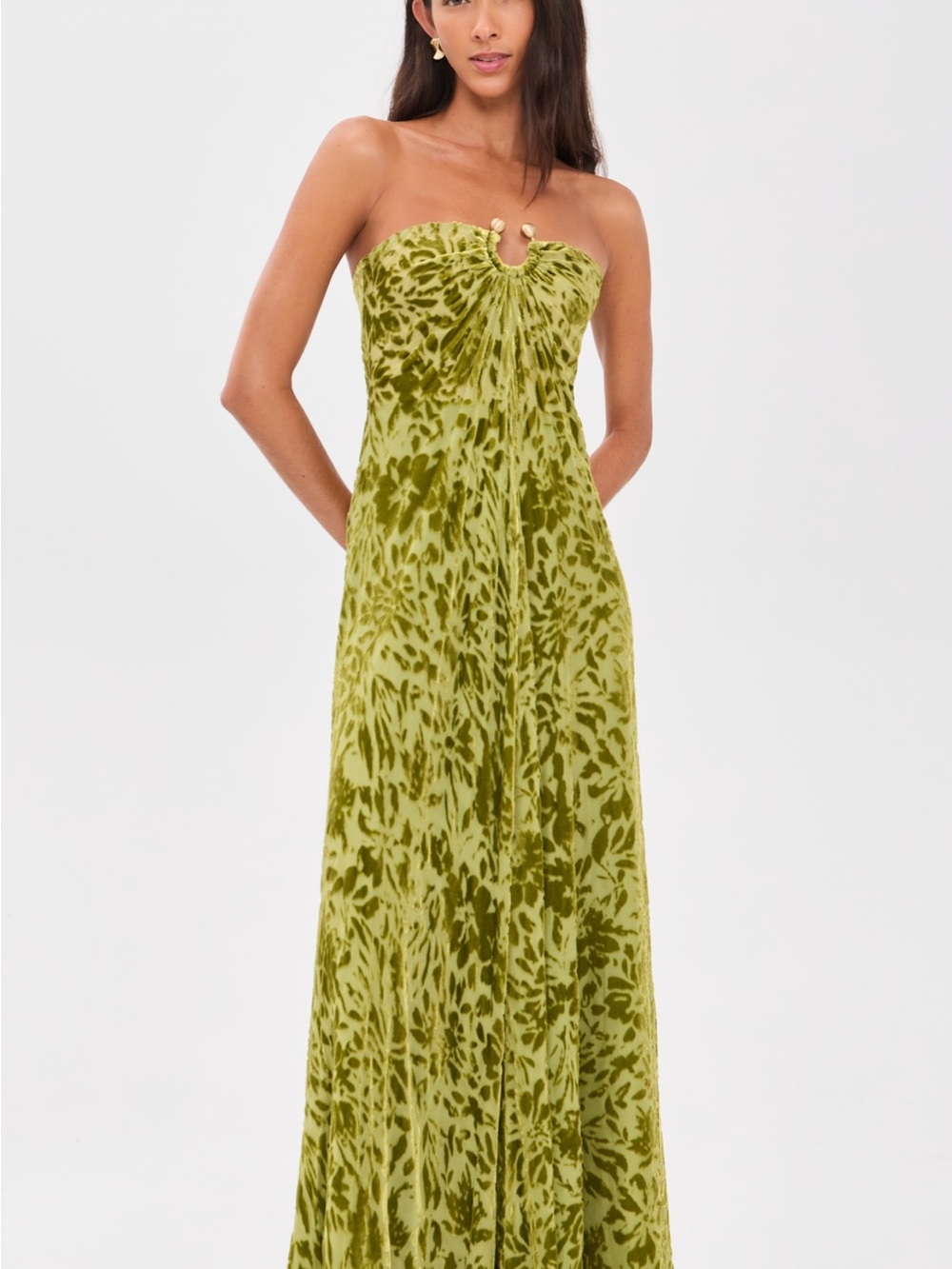 cult gaia Olive Green Velvet Strapless Maxi Dress